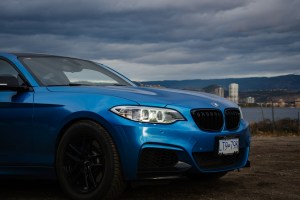 2016 Blue BMW 2 series upclose side view with the backdrop of the lake